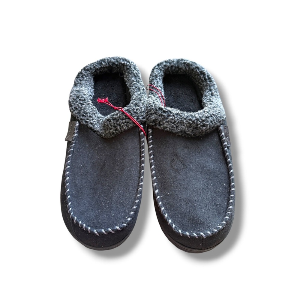 Dearfoams Clog Slippers Mens XL 13-14 Black Microsuede Moccasin Grey NWOT